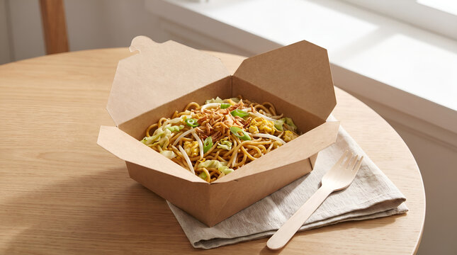 Indonesian mie goreng presented as a practical takeaway meal in plain kraft packaging. Suitable for restaurant marketing, food ordering campaigns, menus, and culinary advertising.