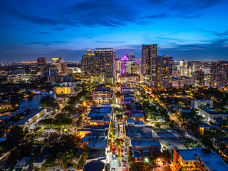 Fort Lauderdale City Skyline at Twilight with Vibrant Sunset Sky Over Las Olas Boulevard, South Florida © Justin Blount