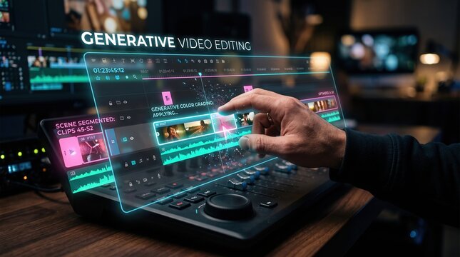 Transforming media creation A hand interacts with an advanced generative AI video editing interface, enhancing creative workflows and production efficiency