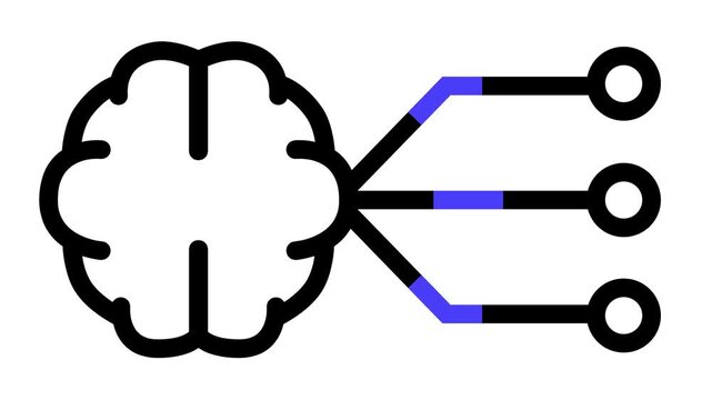 Animated brain icon with connecting nodes on a white background. Symbolizes artificial intelligence, machine learning, networking, and thought process.