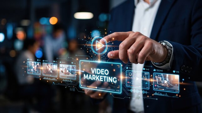 Professional engaging with a futuristic augmented reality display to visualize and execute advanced video marketing strategies for global business development