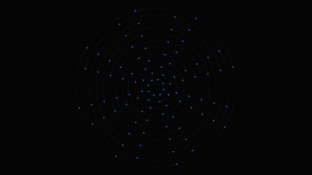 Abstract blue circular network nodes rotating in a recursive pattern over a dark background