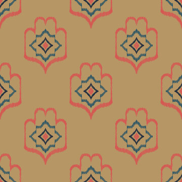 Seamless ethnic ikat pattern with beige coral ogee medallion ornament. Embroidered stitch texture design for bohemian fabric, textile, apparel, wallpaper, and background.