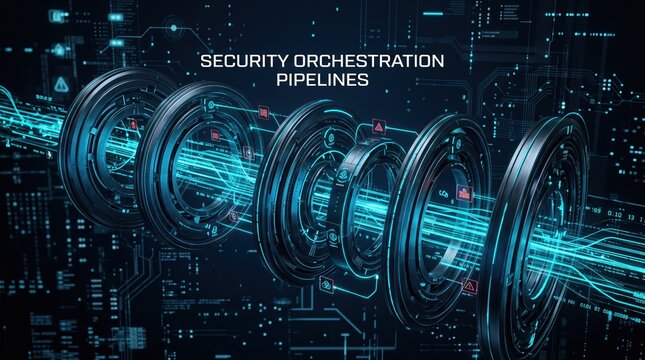 Abstract futuristic digital security system orchestrating data flow through glowing pipelines, representing advanced cyber defense, network protection, and robust information processing infrastructure