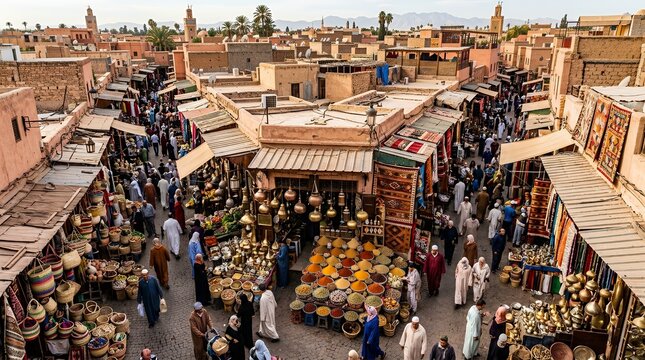 High angle view of a bustling Middle Eastern souk.