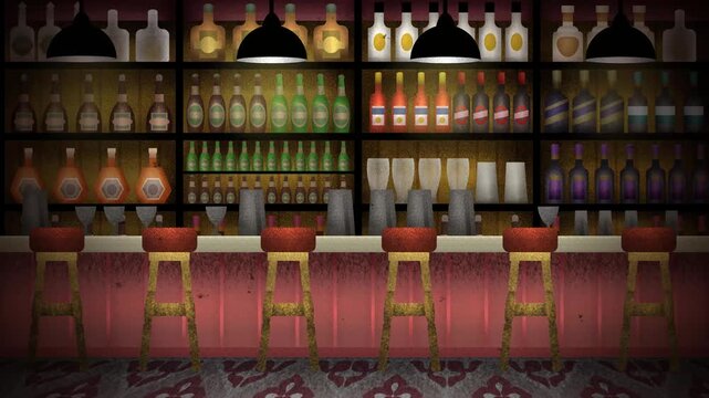 pub bar counter with alcohol bottles and cocktails