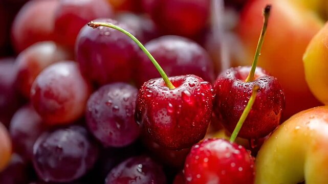 Fresh cherries and grapes with dew drops macro.