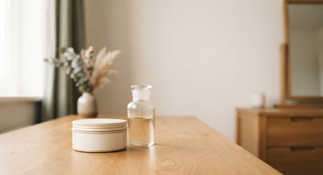 Blank Cosmetic Packaging Mockup on Wooden Vanity, Sustainable Skincare Branding and Minimalism Concept