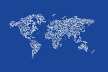 world map in abstracted scribbled white lines on blue background, suitable for poster, wall art, print art, or geographical or political articles or content.  © muhtadi