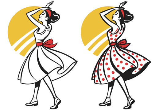 Vintage inspired women in polka dot dresses dancing joyfully under sun