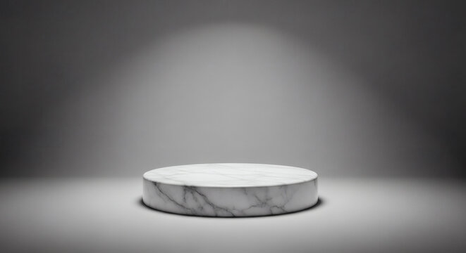 Minimalist white marble podium pedestal for product showcase concept on spotlighted gray background