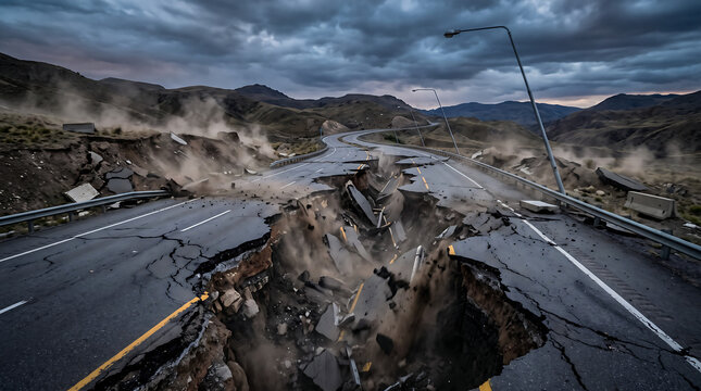 A massive earthquake has severely cracked and destroyed the asphalt road surface.