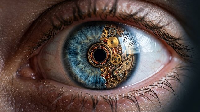 Human eye featuring intricate steampunk mechanical gears.