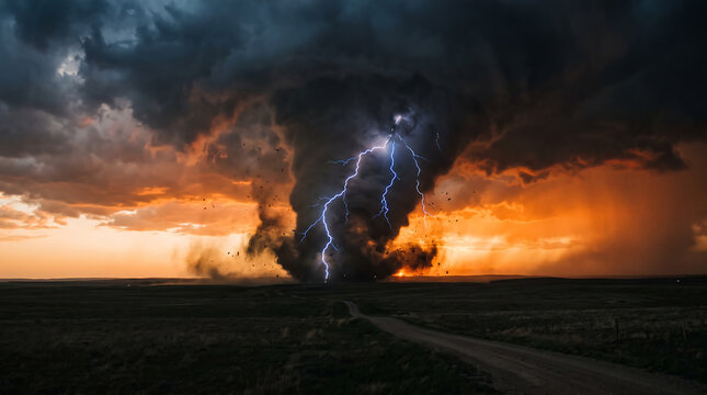 A massive supercell thunderstorm with a swirling tornado touches down under a dramatic.