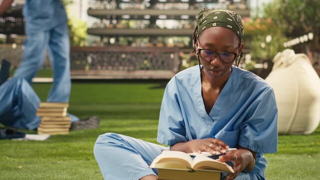 The portrait shows a medical student writing in an open notebook outdoors, dressed in blue scrubs and smiling, while studying notes on stacked books on campus for a medical school training program.