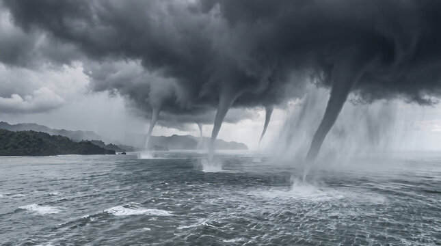 Multiple dark waterspouts descend from heavy storm clouds over the turbulent ocean surface.