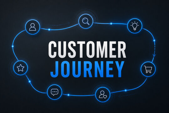 Digital customer journey concept with glowing blue path, connected touchpoint icons, and bold typography on a dark technology background.