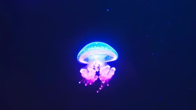 Neon jellyfish in dark blue water