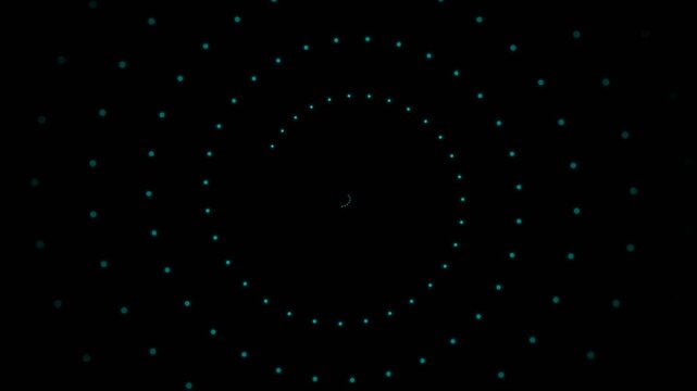 Abstract neon blue dot spirals rotating on a black background in a vortex pattern