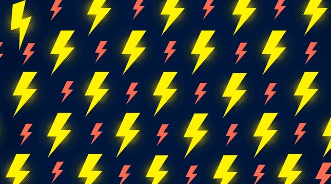 Seamless lightning bolt pattern with glowing yellow and red thunderbolts on dark blue background for energy and power concept