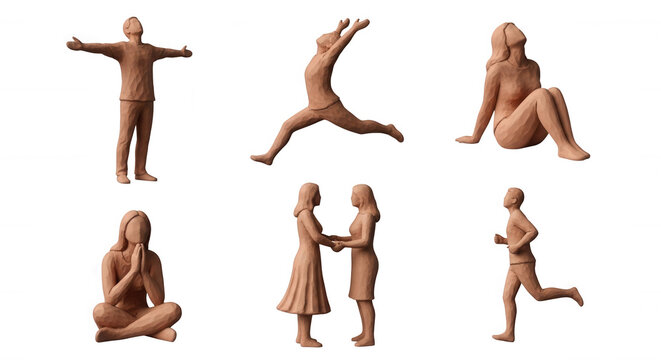 clay figures various poses actions and expressions isolated on a white background lifestyle or concept imagery