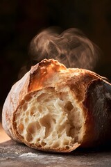 Fototapeta premium Fresh rustic artisanal bread loaf with rising steam