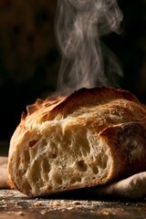 Fototapeta premium Fresh rustic artisanal bread loaf with rising steam