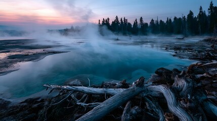 Fototapeta premium Geothermal Hot Spring at Blue Hour with Steam