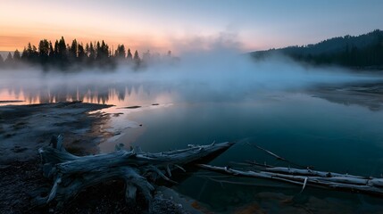 Fototapeta premium Geothermal Hot Spring at Blue Hour with Steam