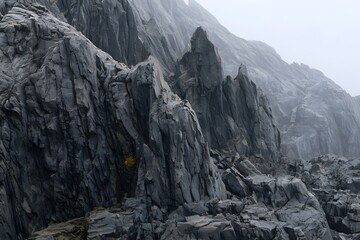 Fototapeta premium Intimate Detail of Jagged Basalt Rock Formation with Yellow Lichen