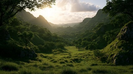 Fototapeta premium Lush Green Valley at Sunrise with Cinematic Lighting