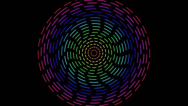 Abstract neon rainbow concentric circles pulsing and rotating on a dark black background