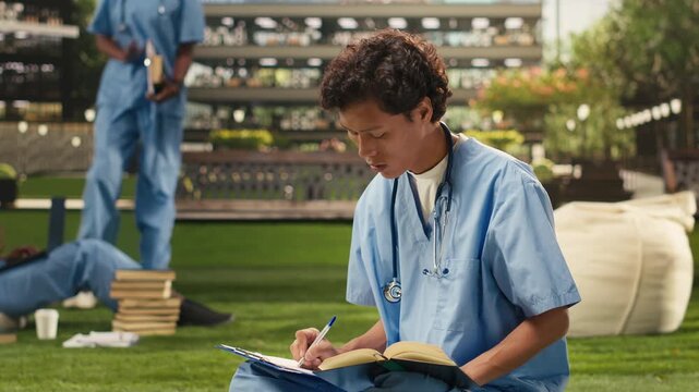 The young male medical student reads an open book and takes notes, using academic materials and a laptop on a sunny campus during solo study for medical school preparation and exam preparation.
