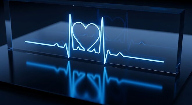 Blue Neon Heart Rhythm Inside Glass Panel