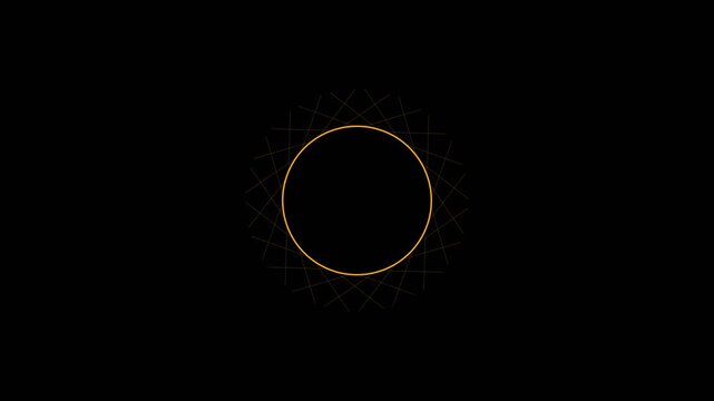 Abstract orange solar circles with geometric web mesh patterns rotating on a black background