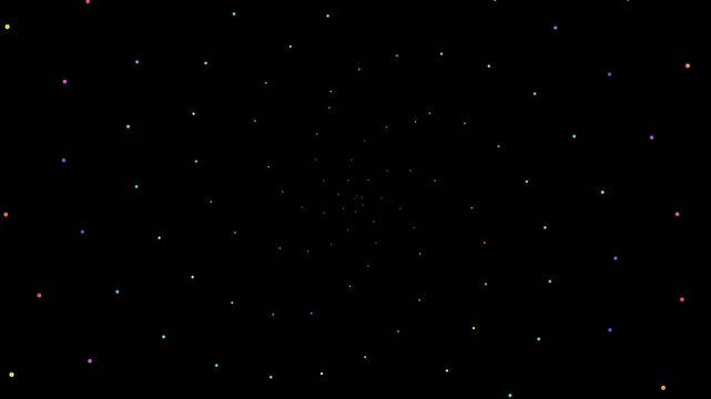 Abstract prismatic star field with colorful glowing dots moving in a subtle spiral pattern