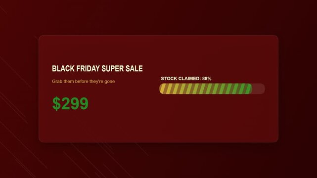 Black friday super sale banner with a dynamic progress bar showing limited stock availability