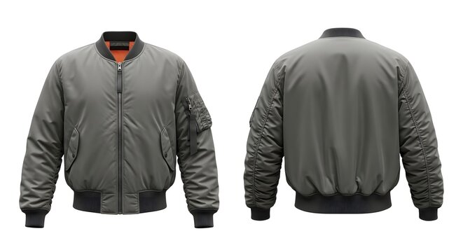 Grey Bomber Jacket Front and Back View Isolated on White Background