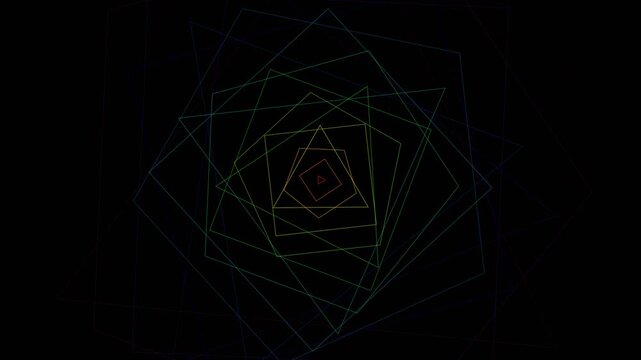 Abstract pulsing polygon tunnel with neon geometric shapes rotating on black background