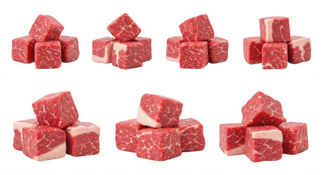 cubed beef cuts in various piles on a white surface cooking with a clean background for culinary or food photography