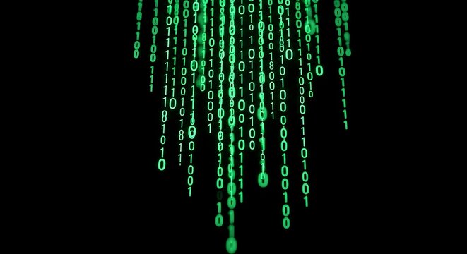 Glowing Green Binary Rain Drops on Black Background
