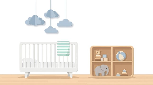 Modern baby nursery room interior with white crib, wooden toy shelf, and hanging cloud mobile.