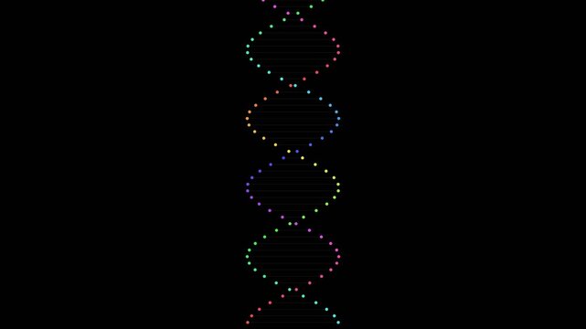 Abstract rainbow colored DNA double helix strands rotating against a dark background