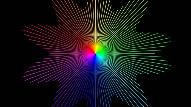 Abstract rainbow spectrum starburst shapes with colorful radial lines on black background