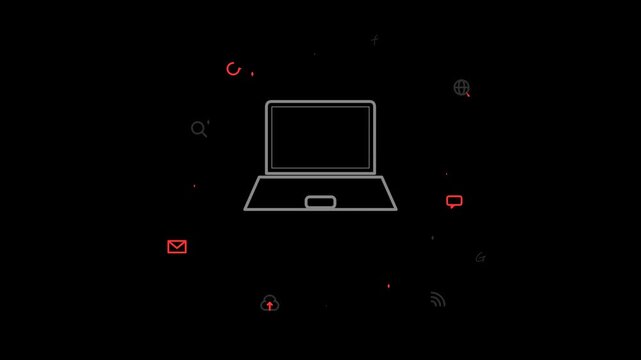 Laptop Outline with Red Alert Icons Pattern on Black Background