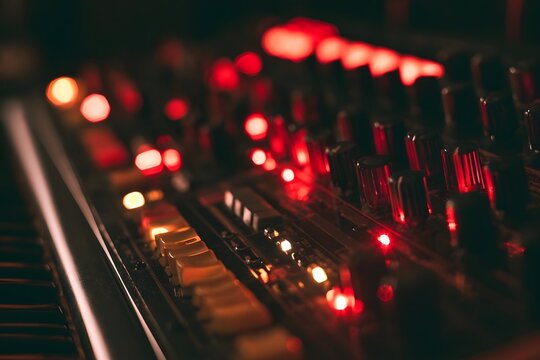 Vintage analog synthesizer interface with glowing LEDs