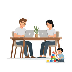 Fototapeta premium Parents Working from Home: Man and Woman on Laptop with Toddler Playing