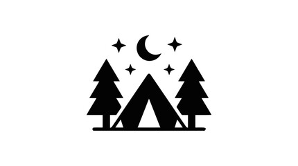 Obraz premium Vector illustration of camping tent icon with pine trees and moon under starry night sky on a transparent background