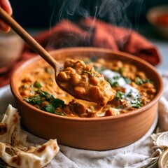 Fototapeta premium Creamy chickpea curry in terracotta bowl with steam