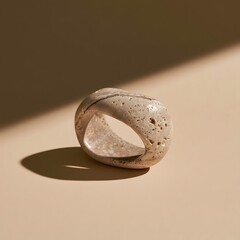 Fototapeta premium Sculpted travertine stone ring on beige backdrop